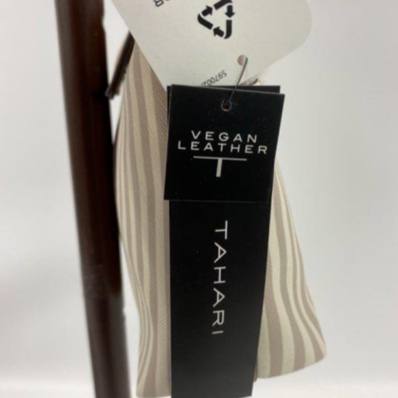 Tahari Womens Sand/Gray Striped Vegan Leather Double Handle Satchel Tote Handbag - Picture 2 of 4